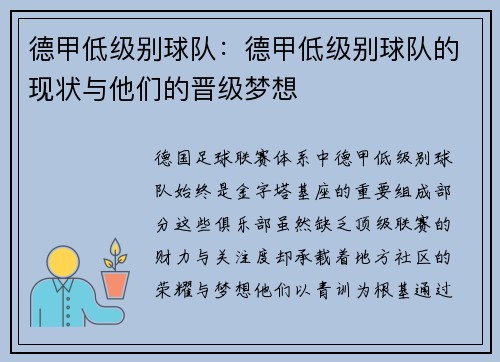 德甲低级别球队：德甲低级别球队的现状与他们的晋级梦想