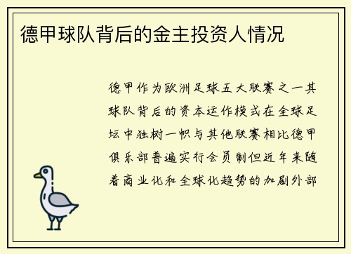 德甲球队背后的金主投资人情况